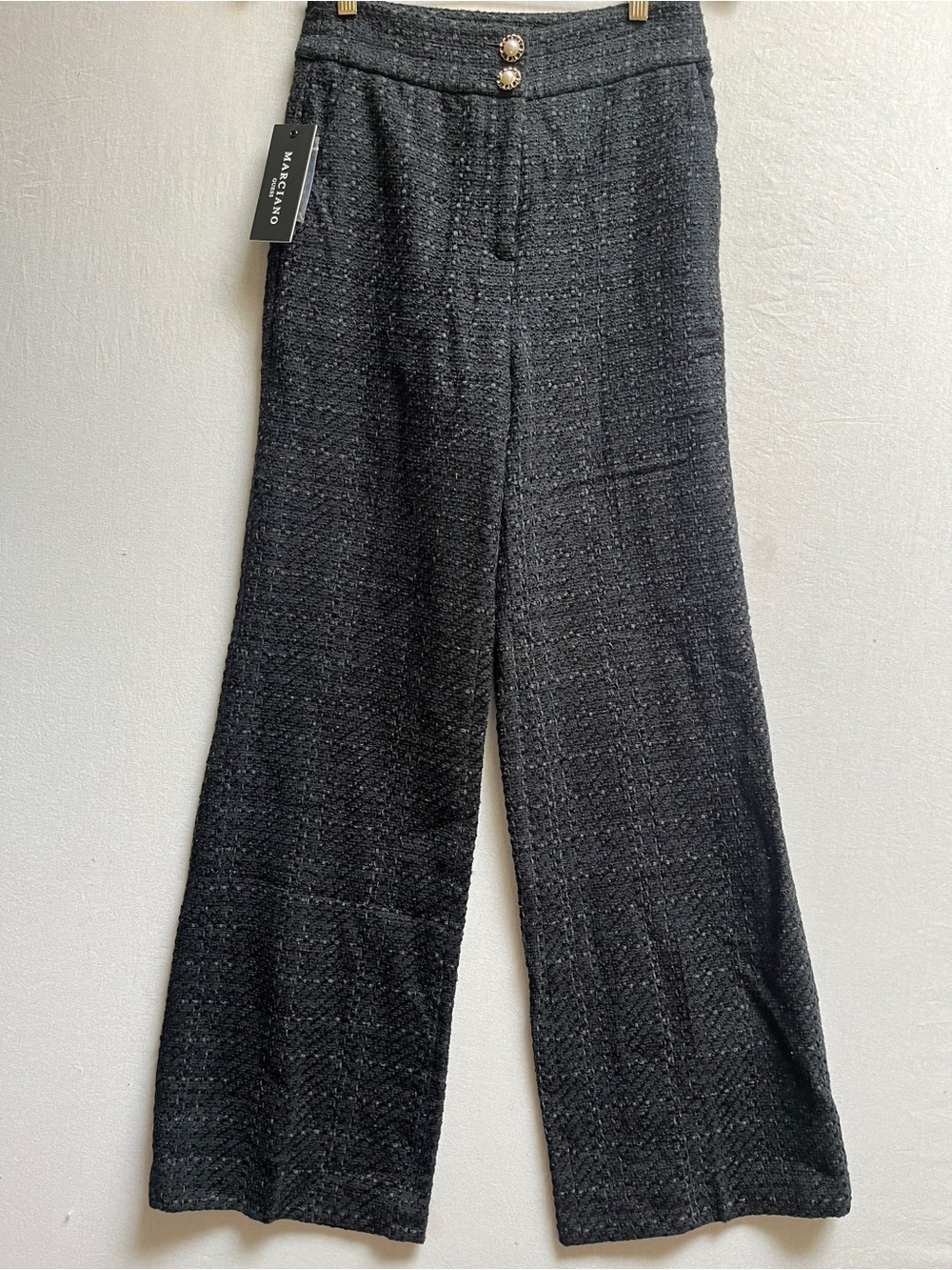 NWT Marciano Black Tweed Wide Leg Trousers Gold Buttons Sz 6